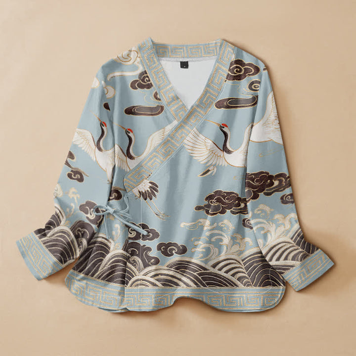 Kimono da donna a maniche lunghe con scollo a V e allacciatura, in cotone con stampa Buddha Stones, gru, nuvole e onde, stile Hanfu. - Cielo Blu - US16, UK/AU20, EU48 (3XL) - image 5