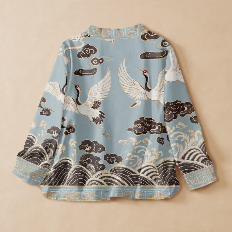 Kimono da donna a maniche lunghe con scollo a V e allacciatura, in cotone con stampa Buddha Stones, gru, nuvole e onde, stile Hanfu. - image 6