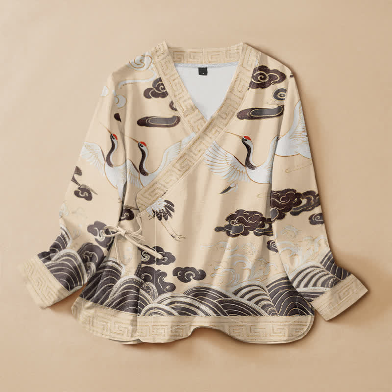 Kimono da donna a maniche lunghe con scollo a V e allacciatura, in cotone con stampa Buddha Stones, gru, nuvole e onde, stile Hanfu. - Giallo chiaro verga d'oro - US16, UK/AU20, EU48 (3XL) - image 7