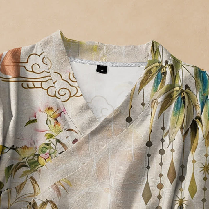 Kimono da donna a maniche lunghe con scollo a V e allacciatura, in cotone con stampa di foglie e nuvole e motivo Buddha Stones. - image 2