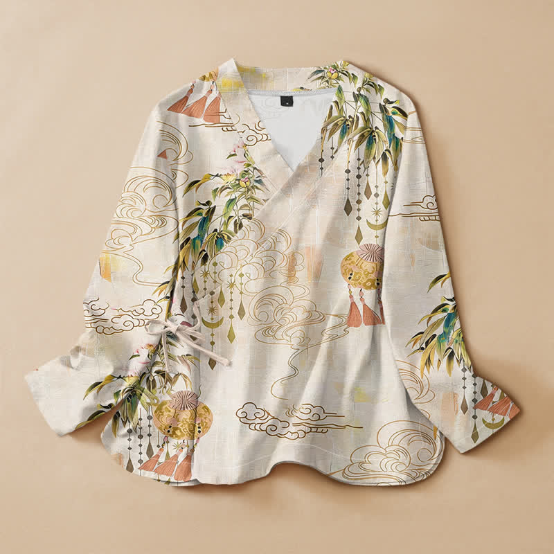 Kimono da donna a maniche lunghe con scollo a V e allacciatura, in cotone con stampa di foglie e nuvole e motivo Buddha Stones. - Biancheria - US16, UK/AU20, EU48 (3XL) - image 0