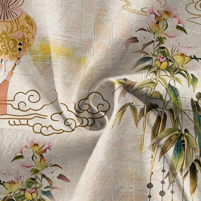 Kimono da donna a maniche lunghe con scollo a V e allacciatura, in cotone con stampa di foglie e nuvole e motivo Buddha Stones. - image 4