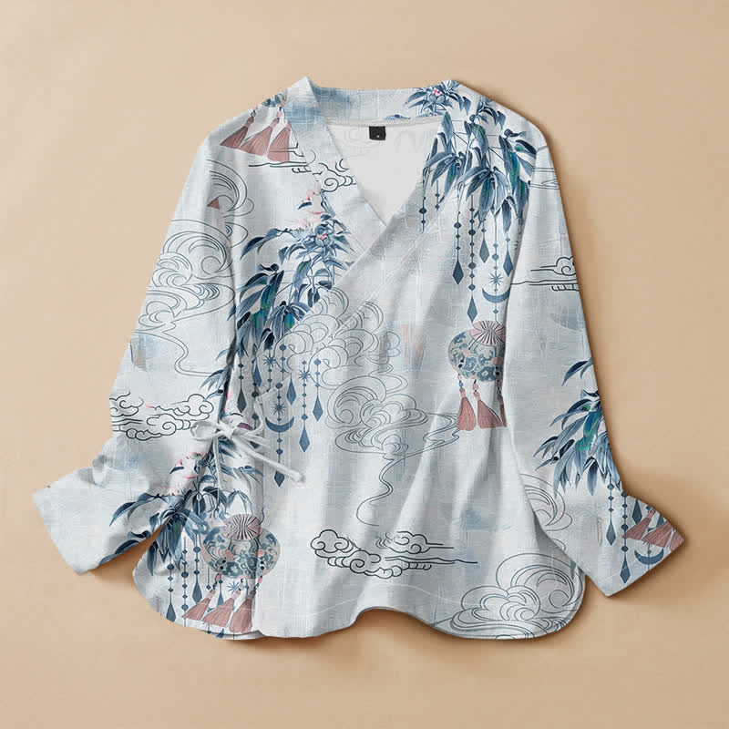 Kimono da donna a maniche lunghe con scollo a V e allacciatura, in cotone con stampa di foglie e nuvole e motivo Buddha Stones. - AliceBlue - US16, UK/AU20, EU48 (3XL) - image 5