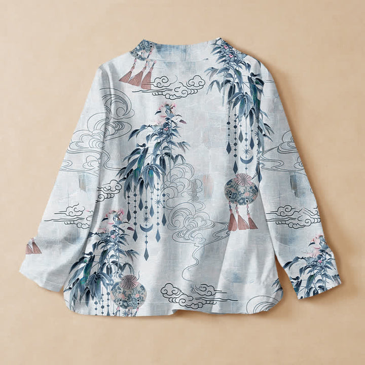 Kimono da donna a maniche lunghe con scollo a V e allacciatura, in cotone con stampa di foglie e nuvole e motivo Buddha Stones. - image 6