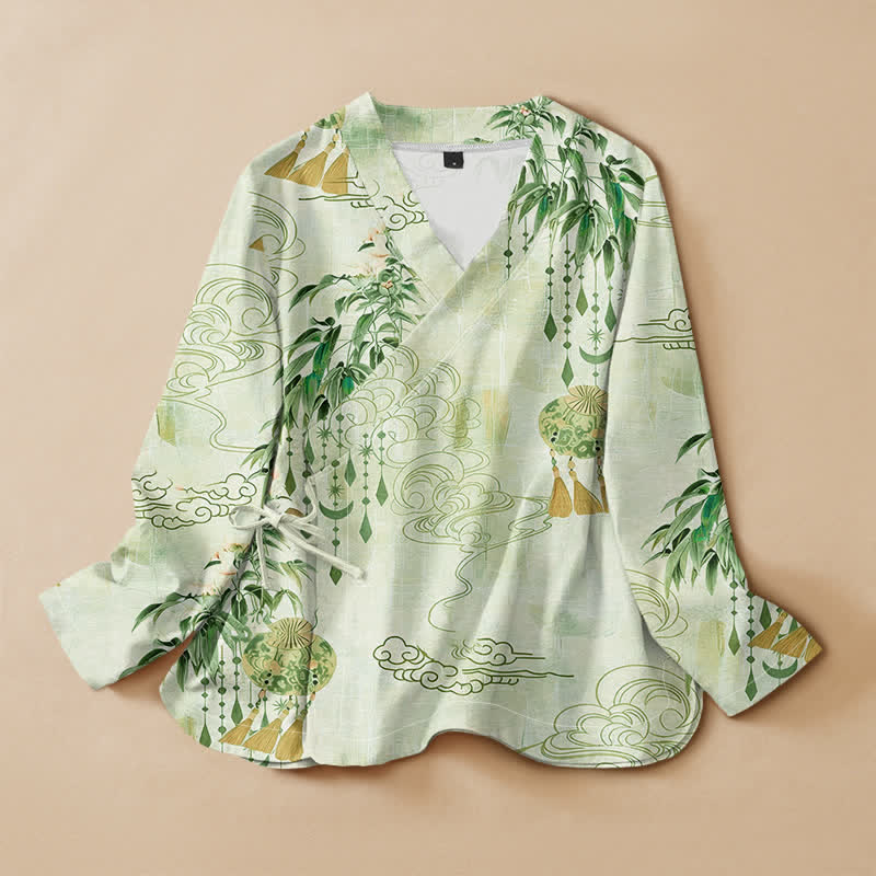 Kimono da donna a maniche lunghe con scollo a V e allacciatura, in cotone con stampa di foglie e nuvole e motivo Buddha Stones. - Melata - US16, UK/AU20, EU48 (3XL) - image 7