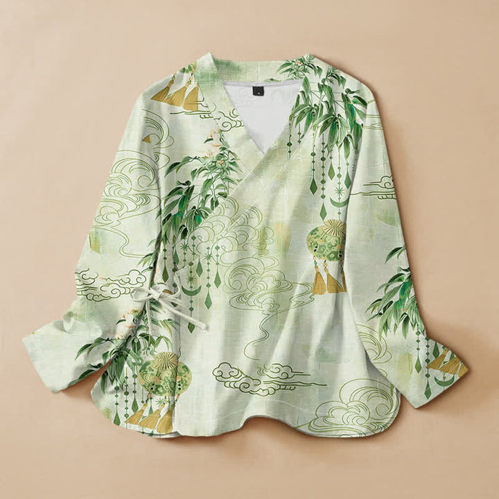 Kimono da donna a maniche lunghe con scollo a V e allacciatura, in cotone con stampa di foglie e nuvole e motivo Buddha Stones. - Melata - US16, UK/AU20, EU48 (3XL) - image 7