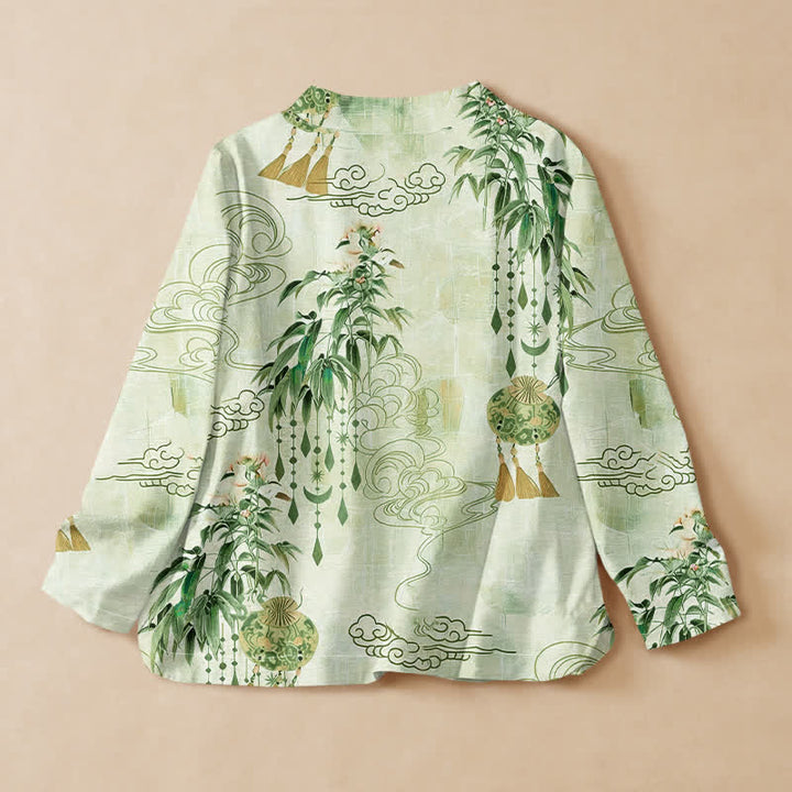 Kimono da donna a maniche lunghe con scollo a V e allacciatura, in cotone con stampa di foglie e nuvole e motivo Buddha Stones. - image 8