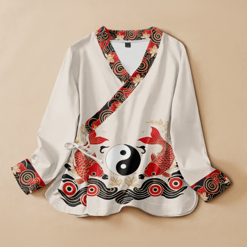 Kimono da donna a maniche lunghe con scollo a V e allacciatura, in cotone con stampa Buddha Stones , pesci koi, Yin Yang e loto. - Avorio - US16, UK/AU20, EU48 (3XL) - image 0