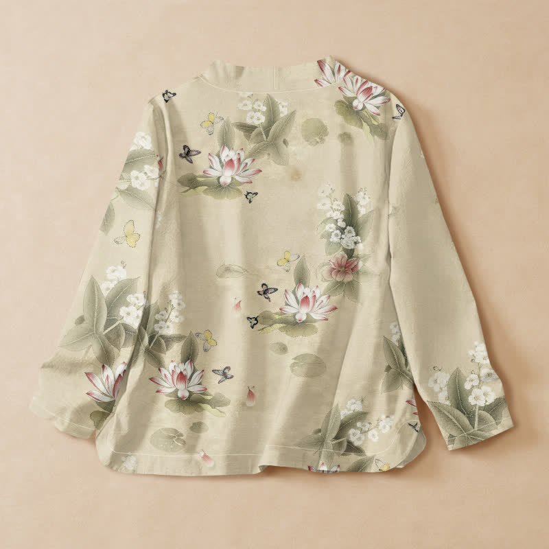 Kimono da donna a maniche lunghe con scollo a V e allacciatura, in cotone con stampa di foglie di loto e farfalle, stile Hanfu, con motivo Buddha Stones. - image 1