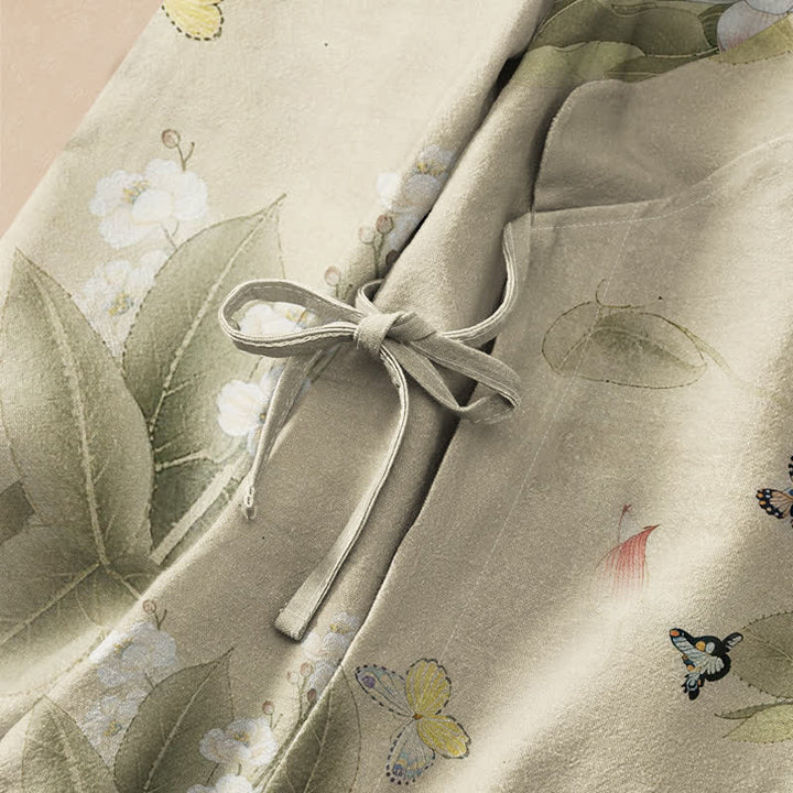 Kimono da donna a maniche lunghe con scollo a V e allacciatura, in cotone con stampa di foglie di loto e farfalle, stile Hanfu, con motivo Buddha Stones. - image 3