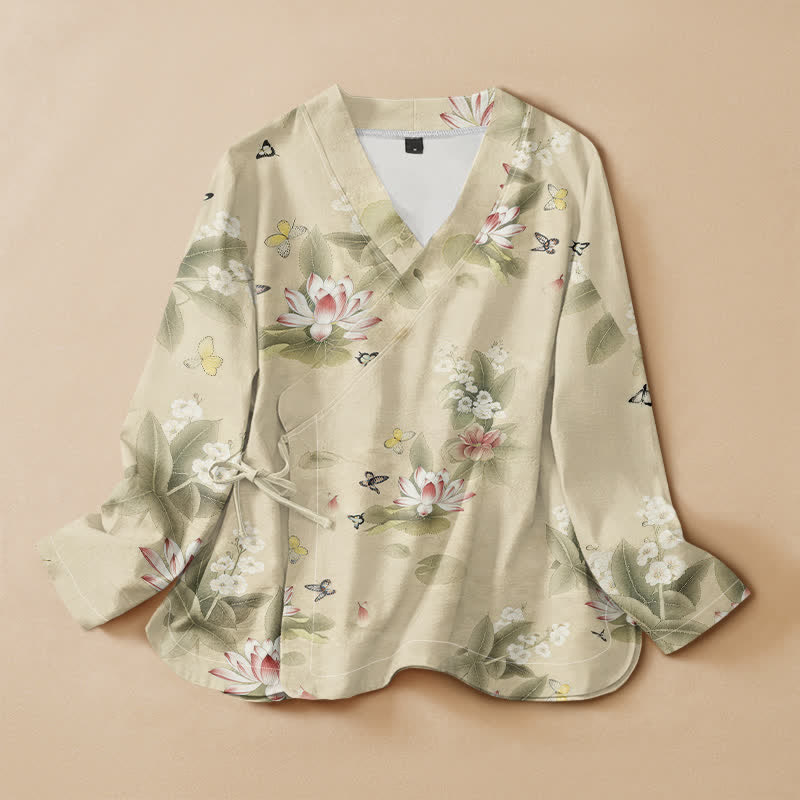 Kimono da donna a maniche lunghe con scollo a V e allacciatura, in cotone con stampa di foglie di loto e farfalle, stile Hanfu, con motivo Buddha Stones. - Giallo chiaro verga d'oro - US16, UK/AU20, EU48 (3XL) - image 0