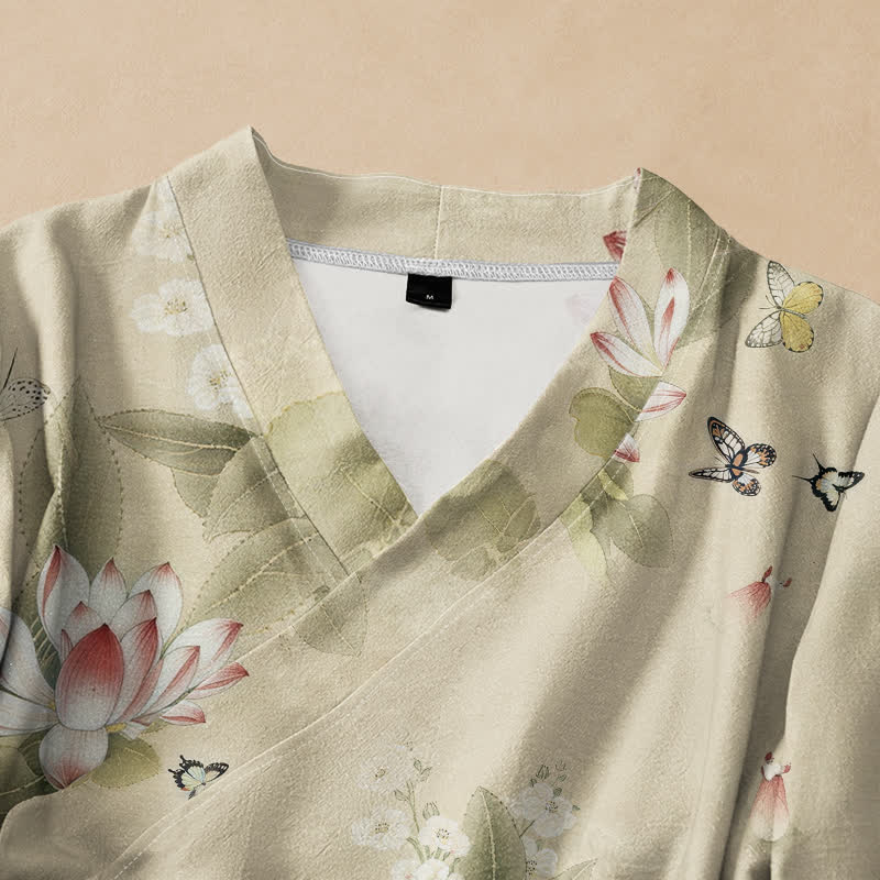 Kimono da donna a maniche lunghe con scollo a V e allacciatura, in cotone con stampa di foglie di loto e farfalle, stile Hanfu, con motivo Buddha Stones. - image 2