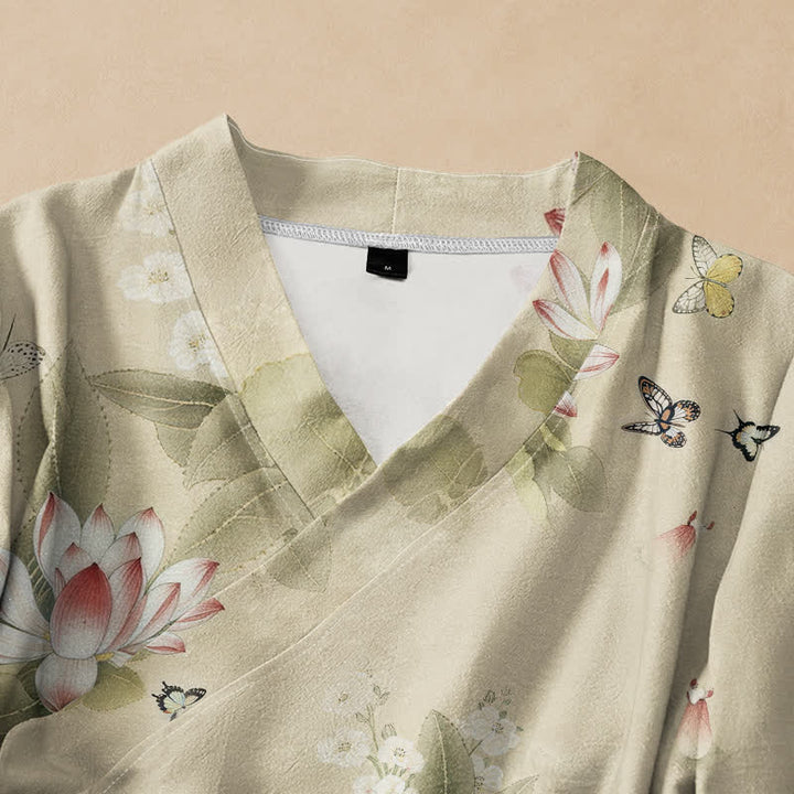 Kimono da donna a maniche lunghe con scollo a V e allacciatura, in cotone con stampa di foglie di loto e farfalle, stile Hanfu, con motivo Buddha Stones. - image 2