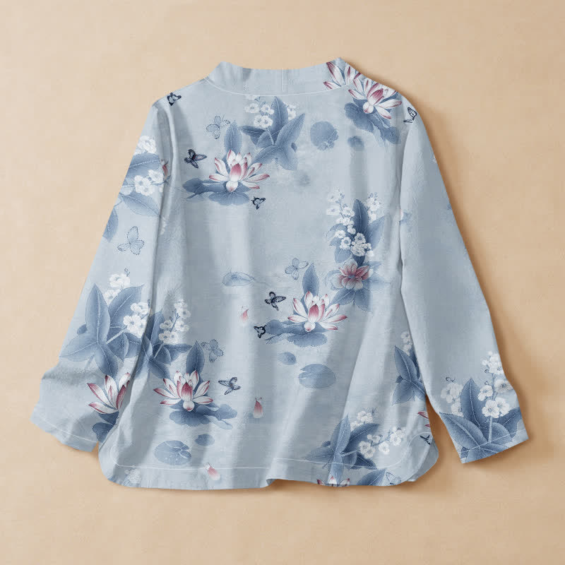 Kimono da donna a maniche lunghe con scollo a V e allacciatura, in cotone con stampa di foglie di loto e farfalle, stile Hanfu, con motivo Buddha Stones. - image 6