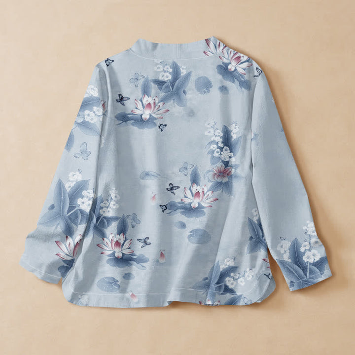 Kimono da donna a maniche lunghe con scollo a V e allacciatura, in cotone con stampa di foglie di loto e farfalle, stile Hanfu, con motivo Buddha Stones. - image 6