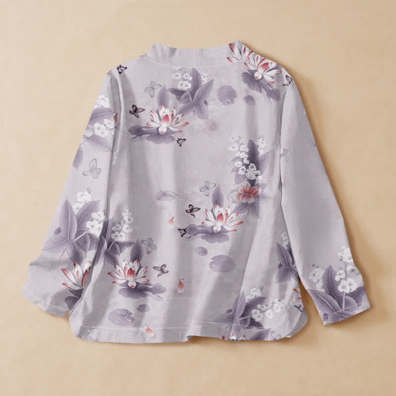 Kimono da donna a maniche lunghe con scollo a V e allacciatura, in cotone con stampa di foglie di loto e farfalle, stile Hanfu, con motivo Buddha Stones. - image 8