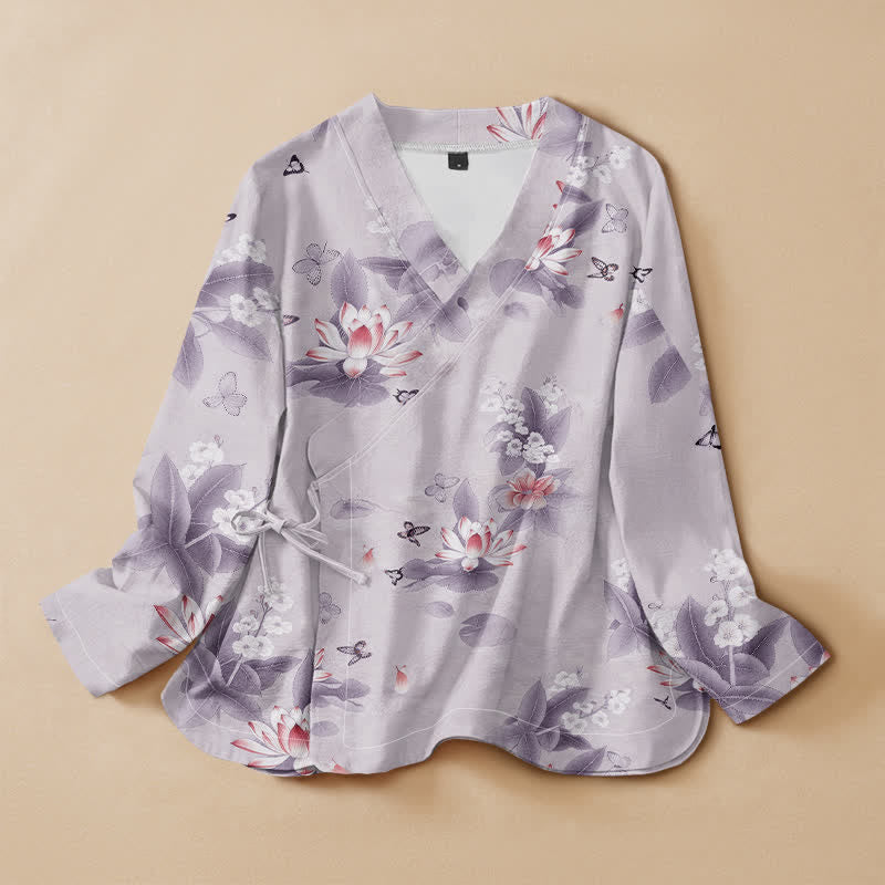 Kimono da donna a maniche lunghe con scollo a V e allacciatura, in cotone con stampa di foglie di loto e farfalle, stile Hanfu, con motivo Buddha Stones. - Lavanda - US16, UK/AU20, EU48 (3XL) - image 7
