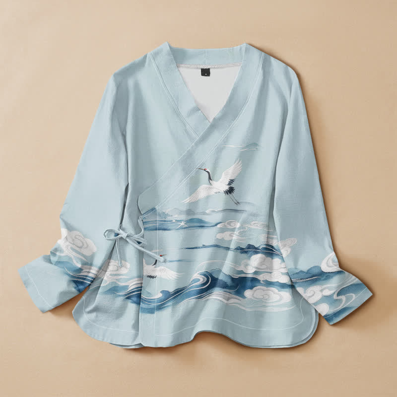Kimono da donna a maniche lunghe con scollo a V e allacciatura, in cotone con motivo Buddha Stones, gru volanti e nuvole. - Azzurro polvere - US16, UK/AU20, EU48 (3XL) - image 0