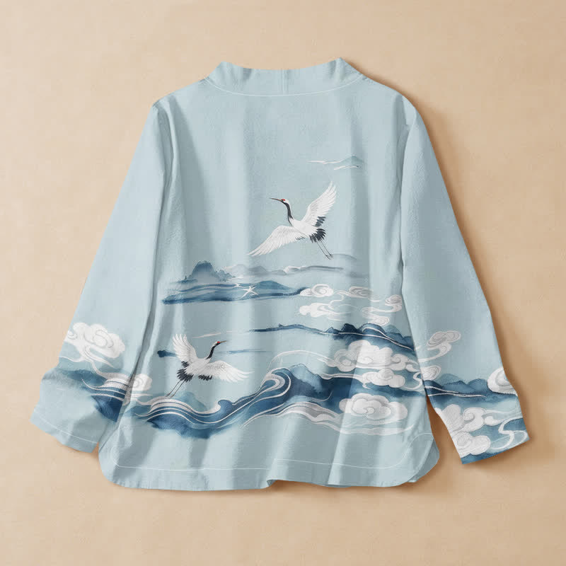 Kimono da donna a maniche lunghe con scollo a V e allacciatura, in cotone con motivo Buddha Stones, gru volanti e nuvole. - image 1