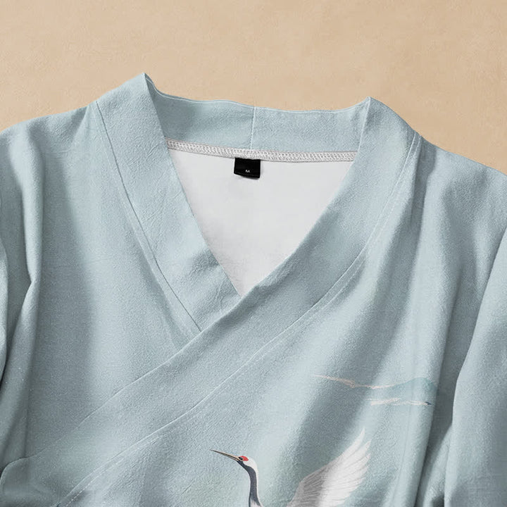 Kimono da donna a maniche lunghe con scollo a V e allacciatura, in cotone con motivo Buddha Stones, gru volanti e nuvole. - image 2