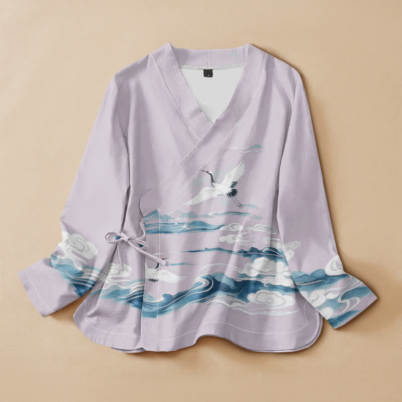 Kimono da donna a maniche lunghe con scollo a V e allacciatura, in cotone con motivo Buddha Stones, gru volanti e nuvole. - Lavanda - US16, UK/AU20, EU48 (3XL) - image 5
