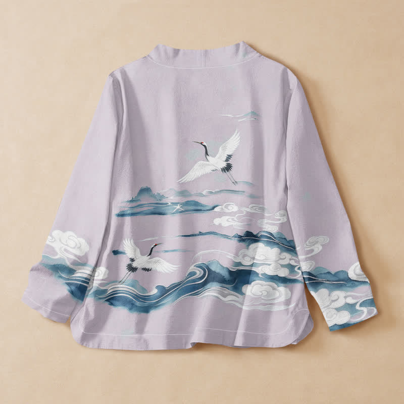 Kimono da donna a maniche lunghe con scollo a V e allacciatura, in cotone con motivo Buddha Stones, gru volanti e nuvole. - image 6
