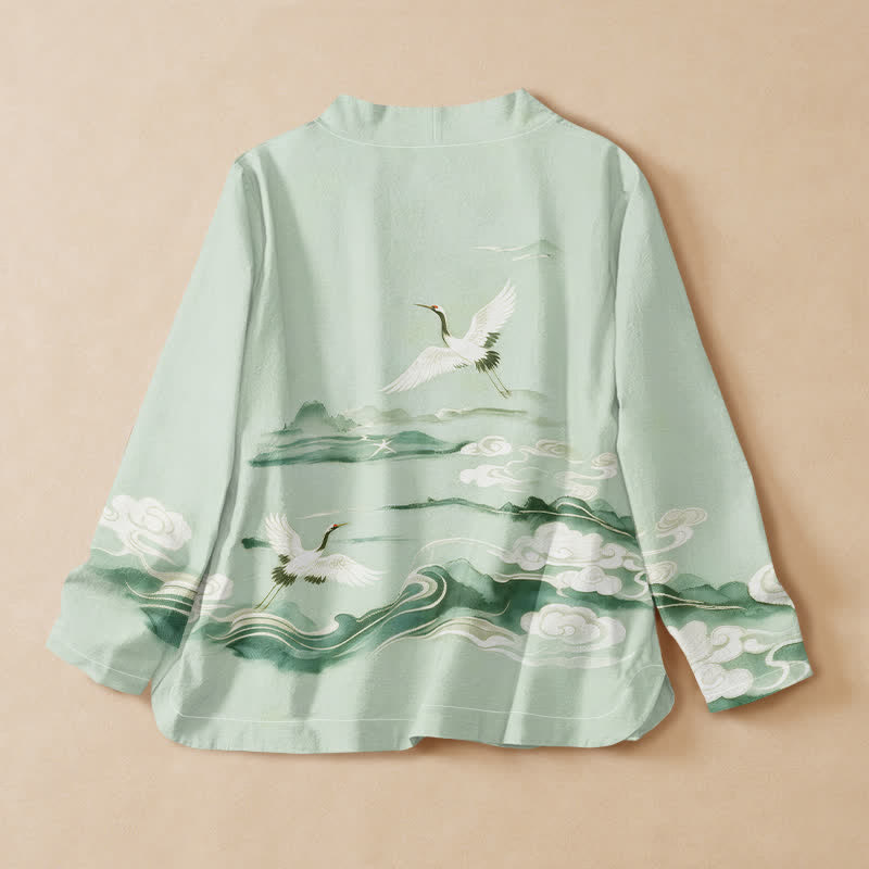 Kimono da donna a maniche lunghe con scollo a V e allacciatura, in cotone con motivo Buddha Stones, gru volanti e nuvole. - image 8