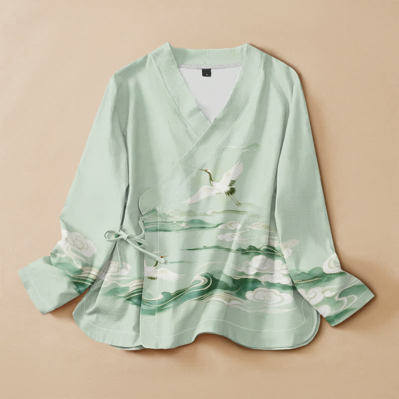 Kimono da donna a maniche lunghe con scollo a V e allacciatura, in cotone con motivo Buddha Stones, gru volanti e nuvole. - Acquamarina - US16, UK/AU20, EU48 (3XL) - image 7