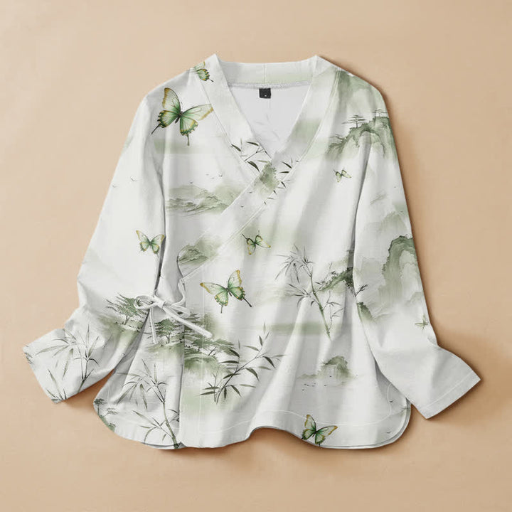 Kimono da donna a maniche lunghe con scollo a V e allacciatura, in cotone con stampa di farfalle e bambù, stile Hanfu, con motivo Buddha Stones. - Verde Mare Scuro - US16, UK/AU20, EU48 (3XL) - image 0