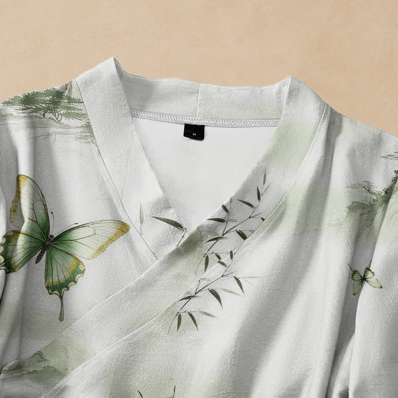 Kimono da donna a maniche lunghe con scollo a V e allacciatura, in cotone con stampa di farfalle e bambù, stile Hanfu, con motivo Buddha Stones. - image 2