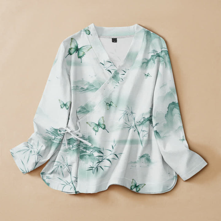 Kimono da donna a maniche lunghe con scollo a V e allacciatura, in cotone con stampa di farfalle e bambù, stile Hanfu, con motivo Buddha Stones. - Acquamarina media - US16, UK/AU20, EU48 (3XL) - image 5