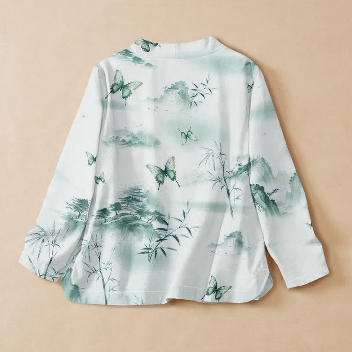 Kimono da donna a maniche lunghe con scollo a V e allacciatura, in cotone con stampa di farfalle e bambù, stile Hanfu, con motivo Buddha Stones. - image 6