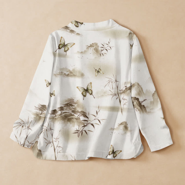 Kimono da donna a maniche lunghe con scollo a V e allacciatura, in cotone con stampa di farfalle e bambù, stile Hanfu, con motivo Buddha Stones. - image 8