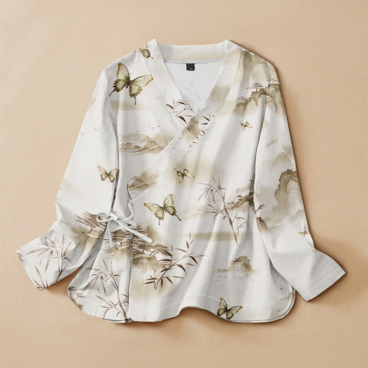Kimono da donna a maniche lunghe con scollo a V e allacciatura, in cotone con stampa di farfalle e bambù, stile Hanfu, con motivo Buddha Stones. - Oliva - US16, UK/AU20, EU48 (3XL) - image 7