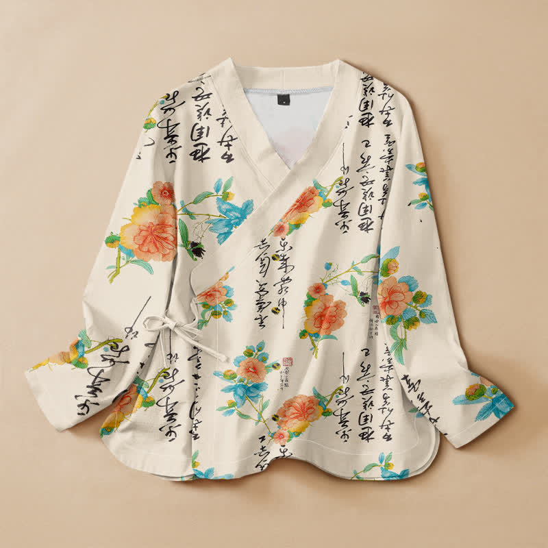 Kimono da donna a maniche lunghe con scollo a V e allacciatura, in cotone con stampa floreale e calligrafia ispirata Buddha Stones. - Avorio - US16, UK/AU20, EU48 (3XL) - image 0