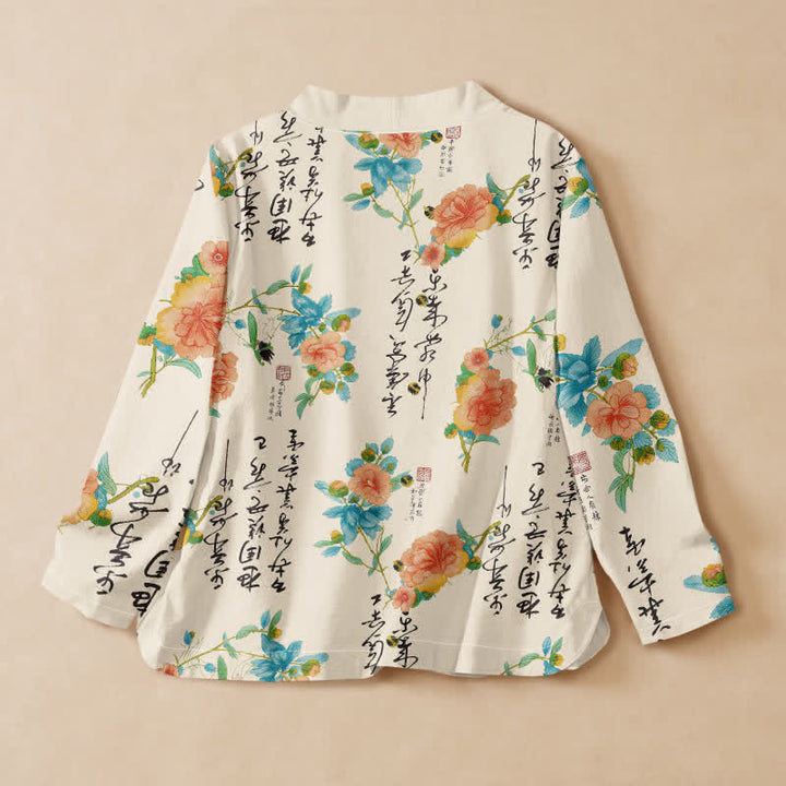 Kimono da donna a maniche lunghe con scollo a V e allacciatura, in cotone con stampa floreale e calligrafia ispirata Buddha Stones. - image 1