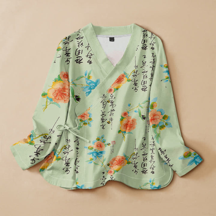 Kimono da donna a maniche lunghe con scollo a V e allacciatura, in cotone con stampa floreale e calligrafia ispirata Buddha Stones. - Verde pallido - US16, UK/AU20, EU48 (3XL) - image 5