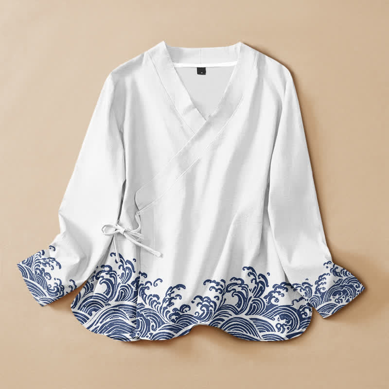 Kimono da donna a maniche lunghe con scollo a V e allacciatura, in cotone con stampa Buddha Stones e onde oceaniche. - Bianco Floreale - US16, UK/AU20, EU48 (3XL) - image 5