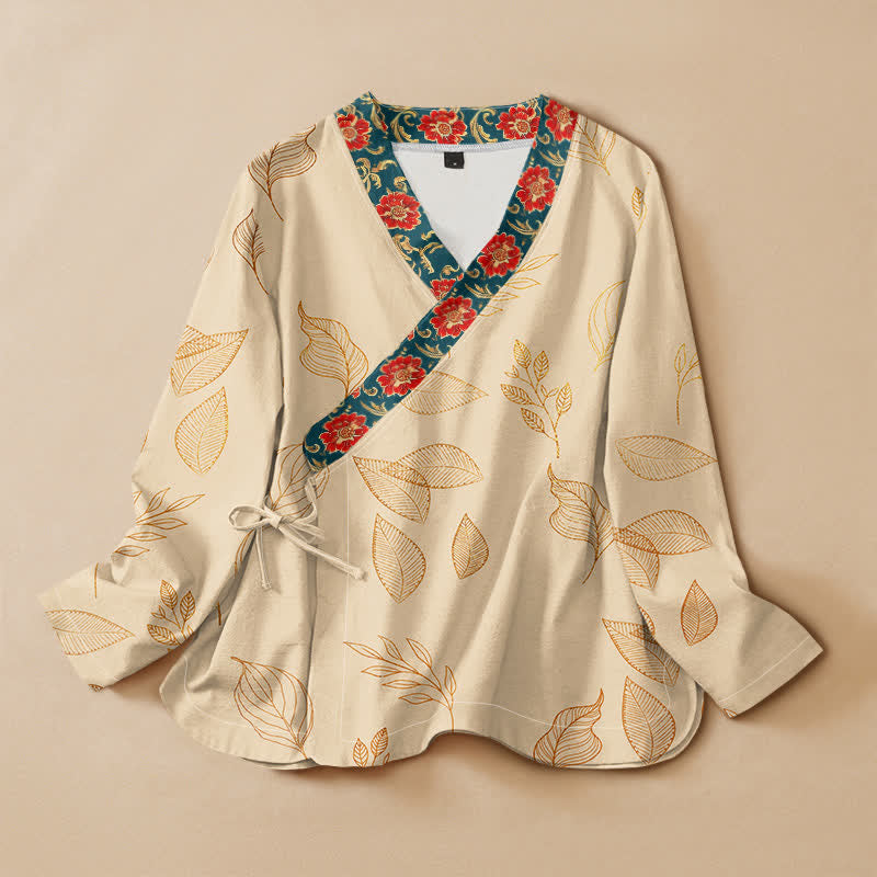 Kimono da donna a maniche lunghe con scollo a V e allacciatura, in cotone con stampa di foglie dorate e fiori rossi e motivo Buddha Stones. - Biancheria - US16, UK/AU20, EU48 (3XL) - image 0