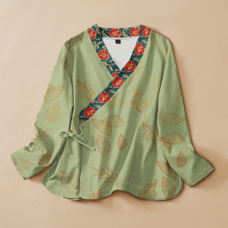 Kimono da donna a maniche lunghe con scollo a V e allacciatura, in cotone con stampa di foglie dorate e fiori rossi e motivo Buddha Stones. - Verde pallido - US16, UK/AU20, EU48 (3XL) - image 5