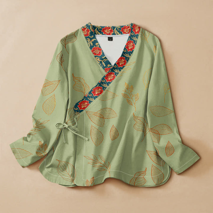 Kimono da donna a maniche lunghe con scollo a V e allacciatura, in cotone con stampa di foglie dorate e fiori rossi e motivo Buddha Stones. - Verde pallido - US16, UK/AU20, EU48 (3XL) - image 5