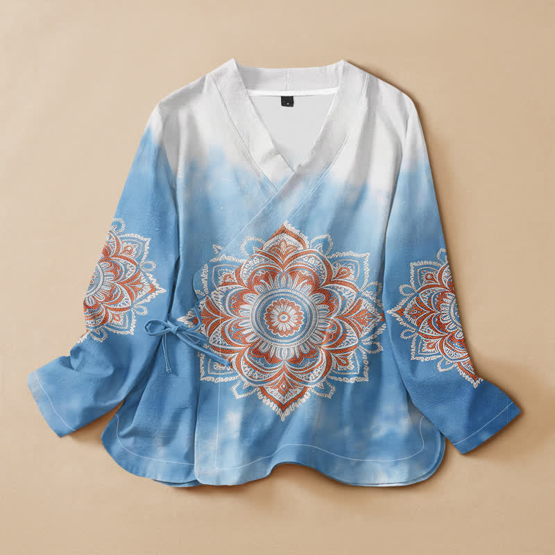 Kimono da donna a maniche lunghe con scollo a V e allacciatura, in stile Hanfu, con stampa mandala boho Buddha Stones in cotone. - Cielo Blu - US16, UK/AU20, EU48 (3XL) - image 0