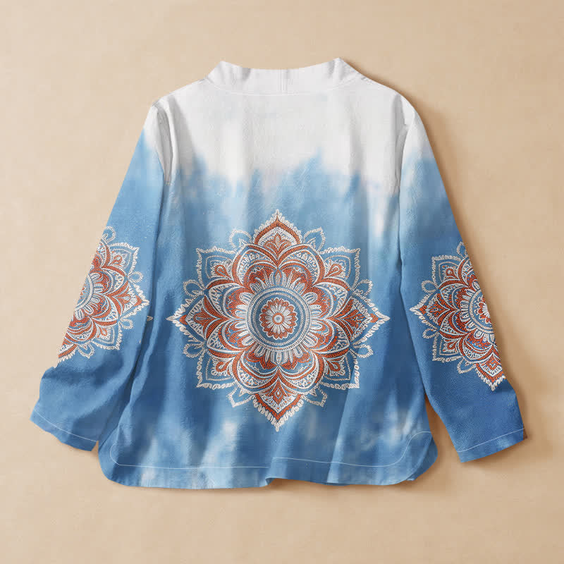 Kimono da donna a maniche lunghe con scollo a V e allacciatura, in stile Hanfu, con stampa mandala boho Buddha Stones in cotone. - image 1