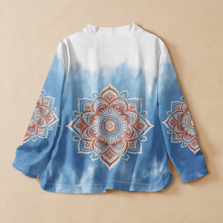 Kimono da donna a maniche lunghe con scollo a V e allacciatura, in stile Hanfu, con stampa mandala boho Buddha Stones in cotone. - image 1