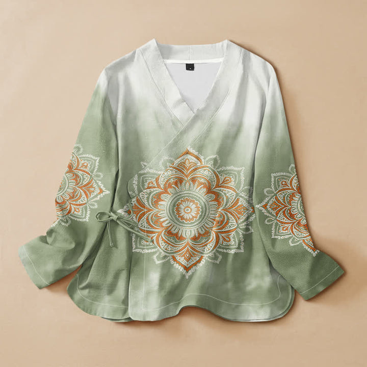 Kimono da donna a maniche lunghe con scollo a V e allacciatura, in stile Hanfu, con stampa mandala boho Buddha Stones in cotone. - Verde Mare Scuro - US16, UK/AU20, EU48 (3XL) - image 5