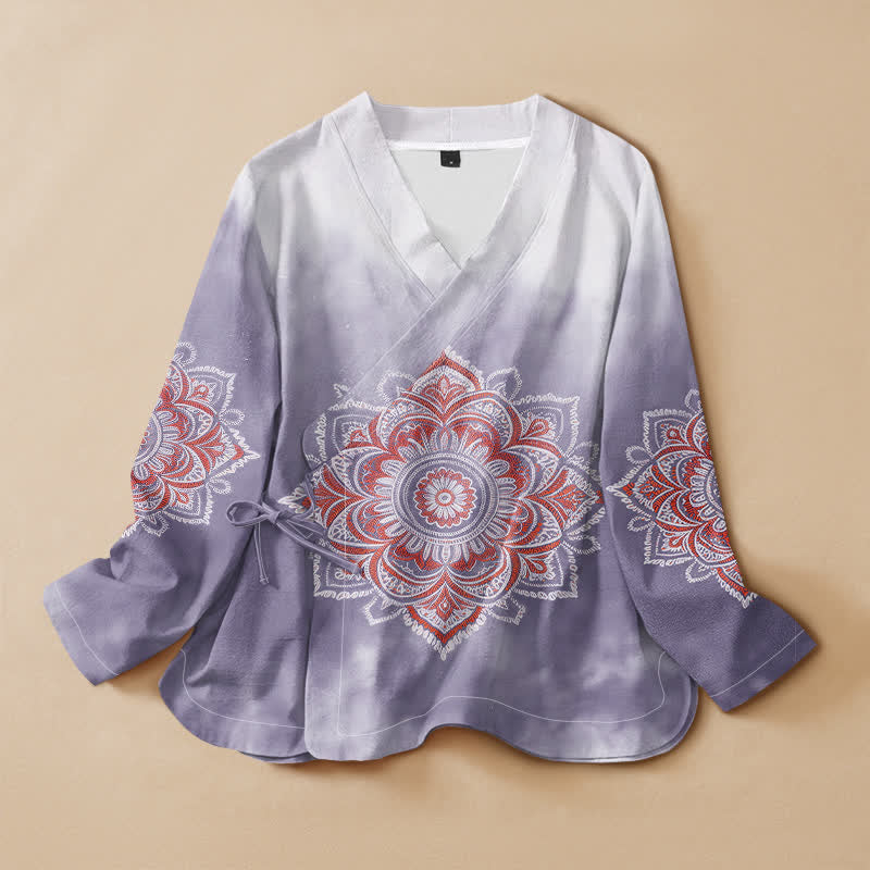 Kimono da donna a maniche lunghe con scollo a V e allacciatura, in stile Hanfu, con stampa mandala boho Buddha Stones in cotone. - Cardo - US16, UK/AU20, EU48 (3XL) - image 7