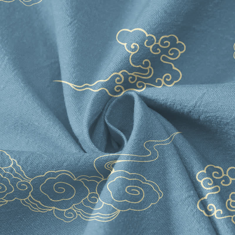 Kimono da donna a maniche lunghe con scollo a V e allacciatura, stampa di gru e nuvole di buon auspicio in cotone con motivo Buddha Stones . - image 4