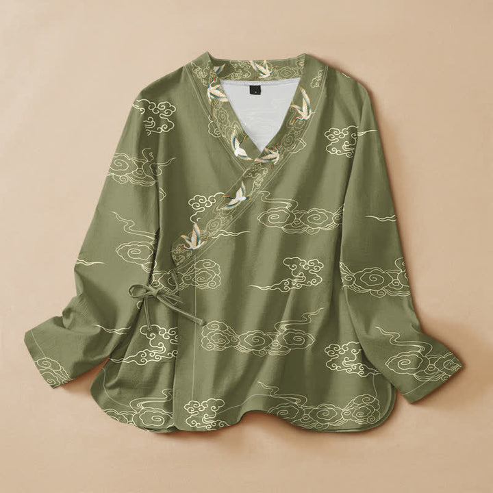 Kimono da donna a maniche lunghe con scollo a V e allacciatura, stampa di gru e nuvole di buon auspicio in cotone con motivo Buddha Stones . - Oliva - US16, UK/AU20, EU48 (3XL) - image 5