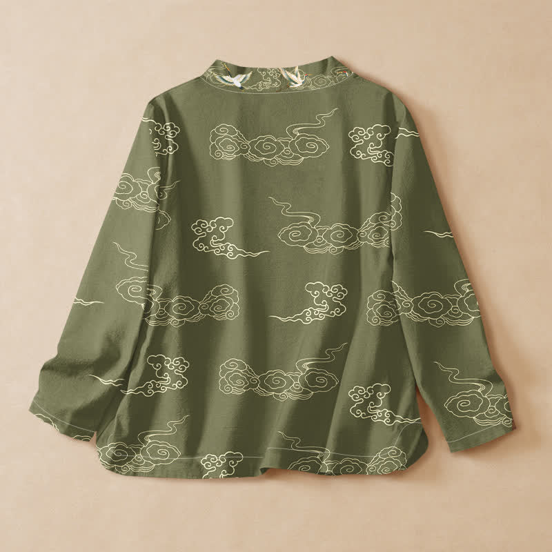 Kimono da donna a maniche lunghe con scollo a V e allacciatura, stampa di gru e nuvole di buon auspicio in cotone con motivo Buddha Stones . - image 6
