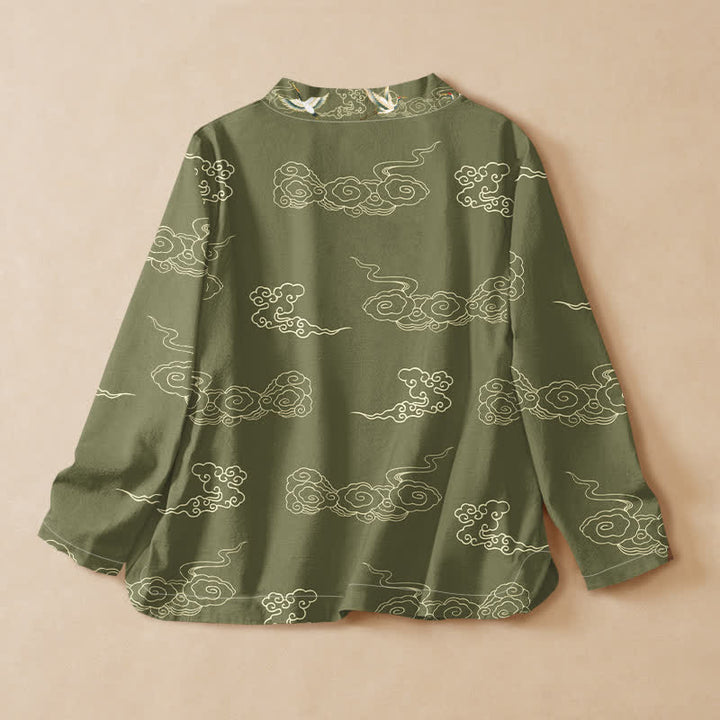 Kimono da donna a maniche lunghe con scollo a V e allacciatura, stampa di gru e nuvole di buon auspicio in cotone con motivo Buddha Stones . - image 6